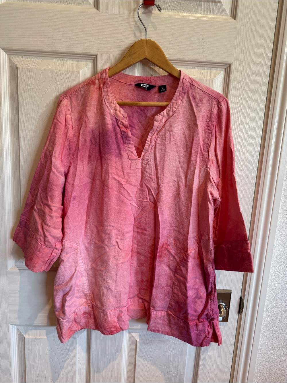 Lands' End Pink Ombre ice dye Split-Neck linen Tunic Top